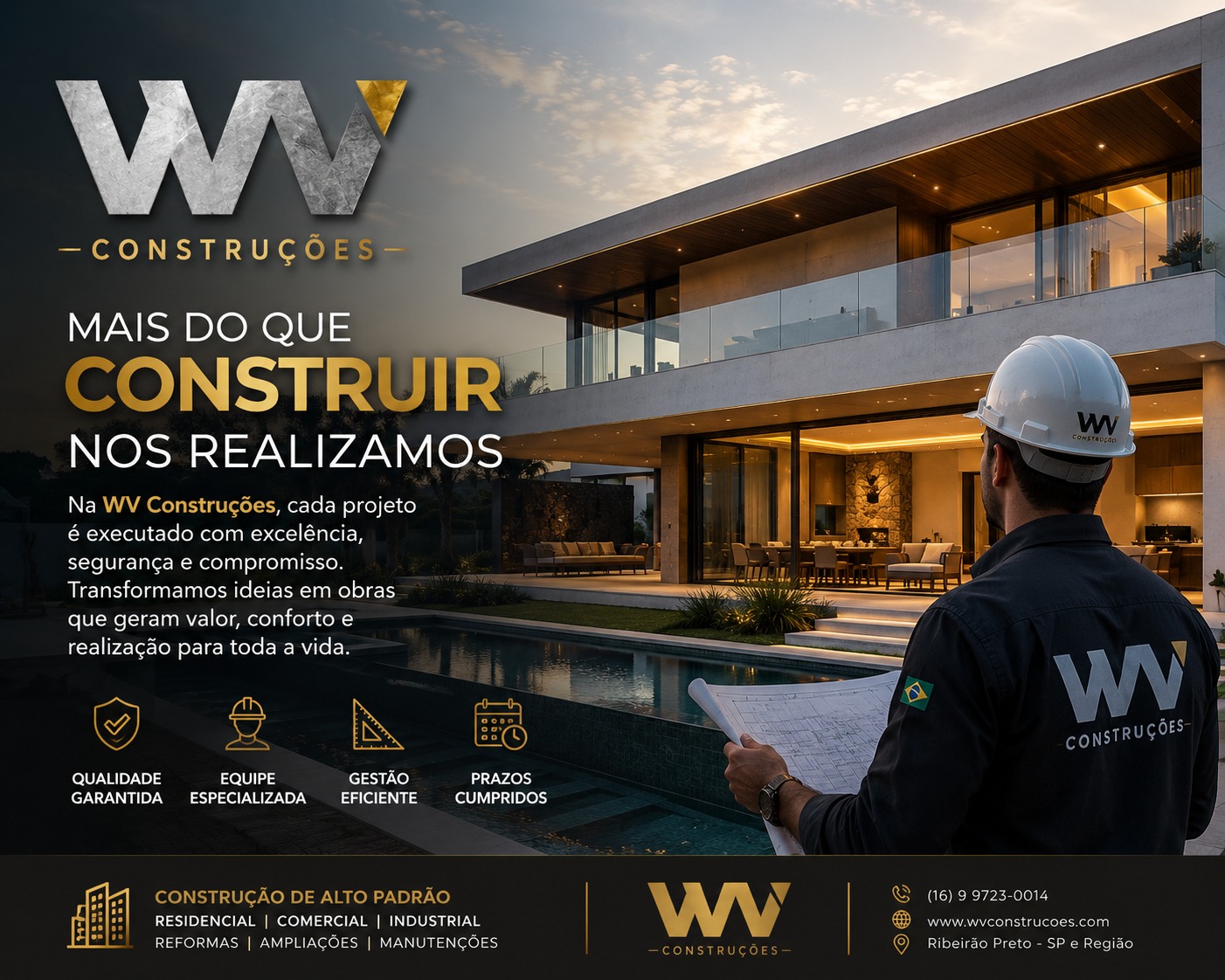 Construção residencial de alto padrão com piscina executada pela WV Construções